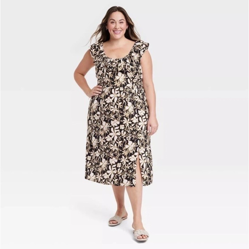 Ava & Viv Womens Plus Size XXL Ruffle Maxi Empire Waist Dress Black Floral